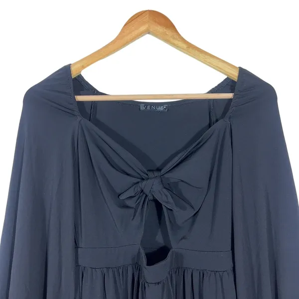Venus Tie Front Keyhole Solid Maxi Dress Black Romantic Balloon Sleeve Size L - Image 3
