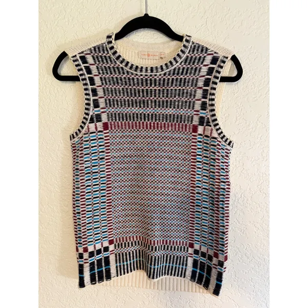 Tory Burch Sweater Vest Multicolor XS Womens Geometric Plaid Layering Knit - Image 7