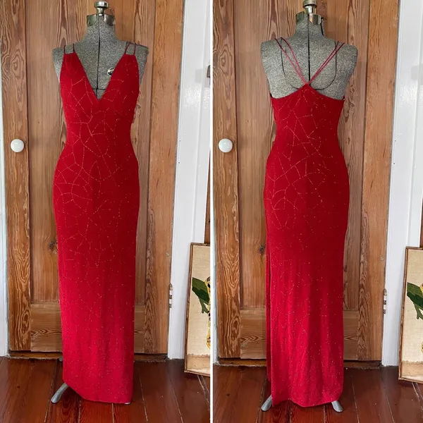 J USA Red Beaded Strappy Back Y2K Maxi Evening Dress Vintage 90’s Sz Large💛🍄 - Image 2