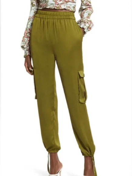 Open Edit Tie Detail Satin Cargo Pants Olive Green - small - Image 3