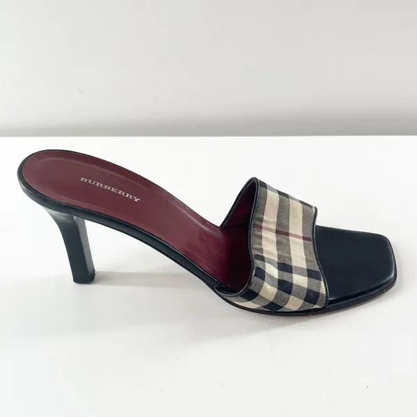 Burberry Vintage Nova Check Square Toe Plaid Slide Mule Kitten Heel Sandals 8 - Image 4