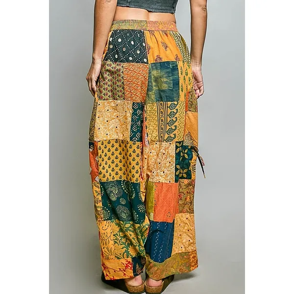 POL Printed Patchwork Wide Leg Pants with Adjustable Side Drawstring -‎ Small - Image 3