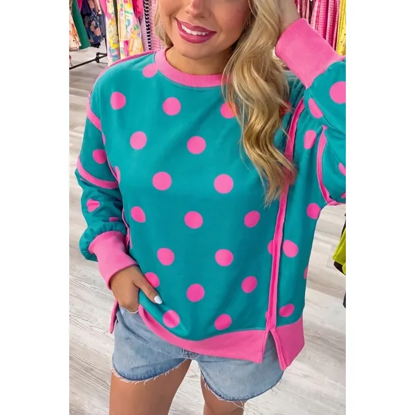 Polka Dot Contrast Patchwork Round Neck Baggy Sweatshirt - Image 5