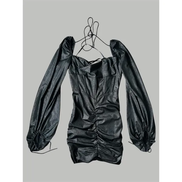 Lucy in the Sky Corset Shimmer Mini Long Sleeve Dress Black Metallic Medium - Image 2