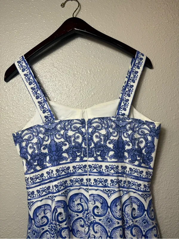Antonio Melani Blue White Mediterranean Tile Print Midi Dress Square Neck Size 6 - Image 5
