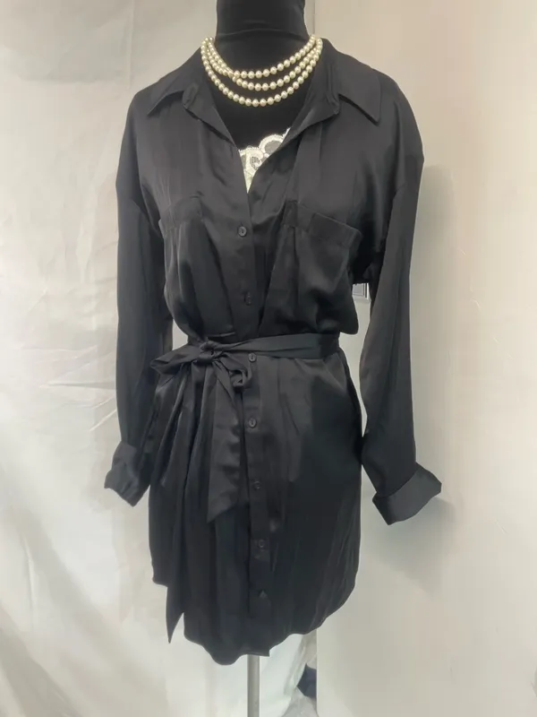 Abercrombie & Fitch Black Satin Button-Front Long Sleeve Shirt Dress w/Tie Belt - Image 2