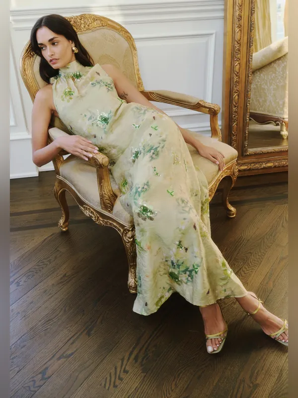 NWT Few Moda o.p.t Naia Dress size XS Maxi Green Sequin Mariposa Floral - Image 2