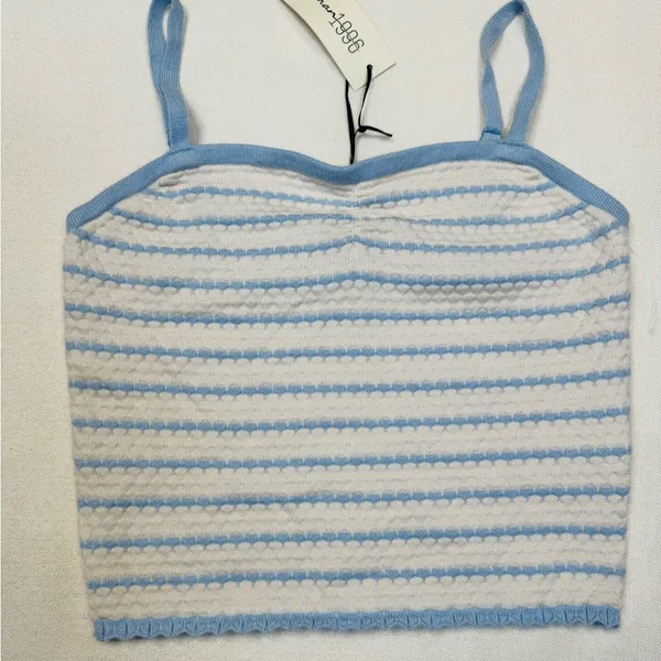 Freshman 1996 Tank Top Womens L Blue & White Striped Cropped Cami Stretch - Image 3