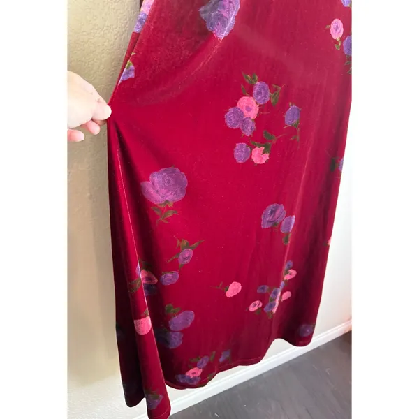 Los Angeles Gal Womens M Maxi Dress‎ Burgundy Velvet Floral 3/4 Sleeve Vintage - Image 5