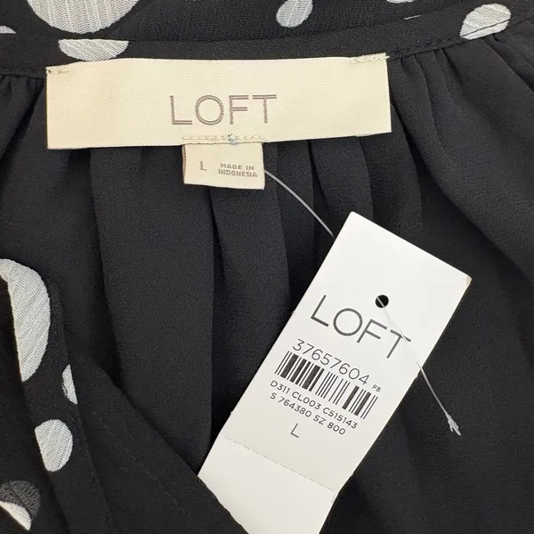 NWT LOFT Black White Polka Dot Peasant Blouse V-Neck Wide Sleeve Chic Large - Image 4