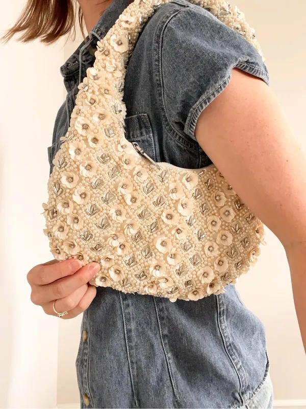 Embellished Cream Floral Beaded Shoulder Bag - Image 5