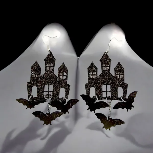 Black Gothic Halloween Theme Acrylic Drop &‎ Dangle Earrings Bat Haunted Castle - Image 8