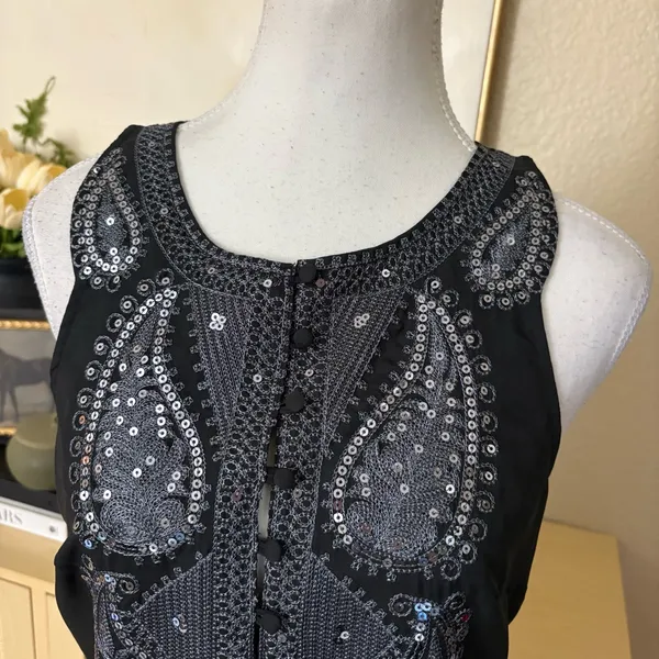 FREE PEOPLE Embroidered‎ Black Lined Sheath Mini Dress Size 4 - Image 4