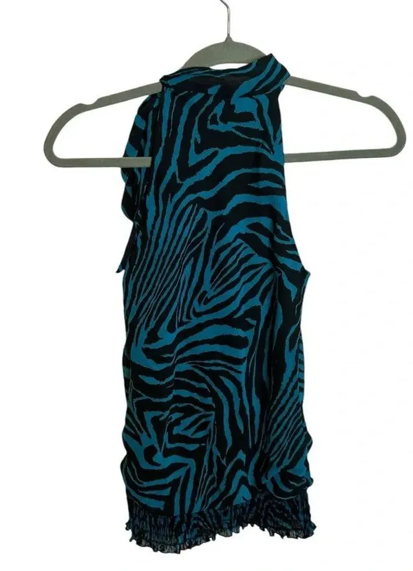 Soulmates Vintage Y2K Blue Zebra Tie Neck Blouse - Image 2