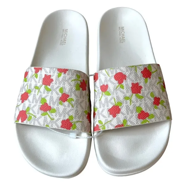 MICHAEL KORS Signature Vanilla Cream Floral Monogram Logo Slip On Slides - Image 2