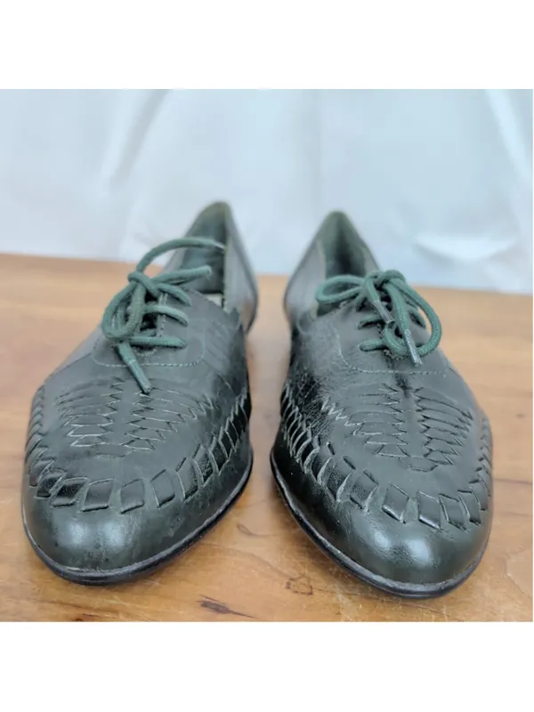 Vintage Deadstock Ladies' Green Woven Leather Lace Up Flats 7 - Image 6