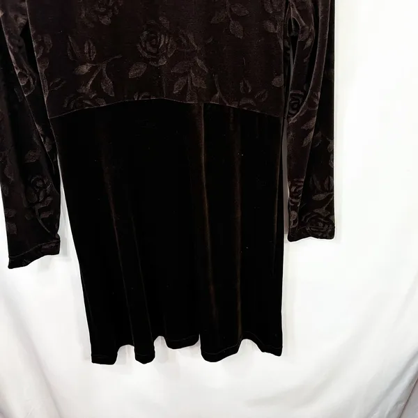 VTG Dress Brown Velvet Burnout Sz 12 Rose Print‎ A-Line Y2K 90s Long Sleeve 1590 - Image 6