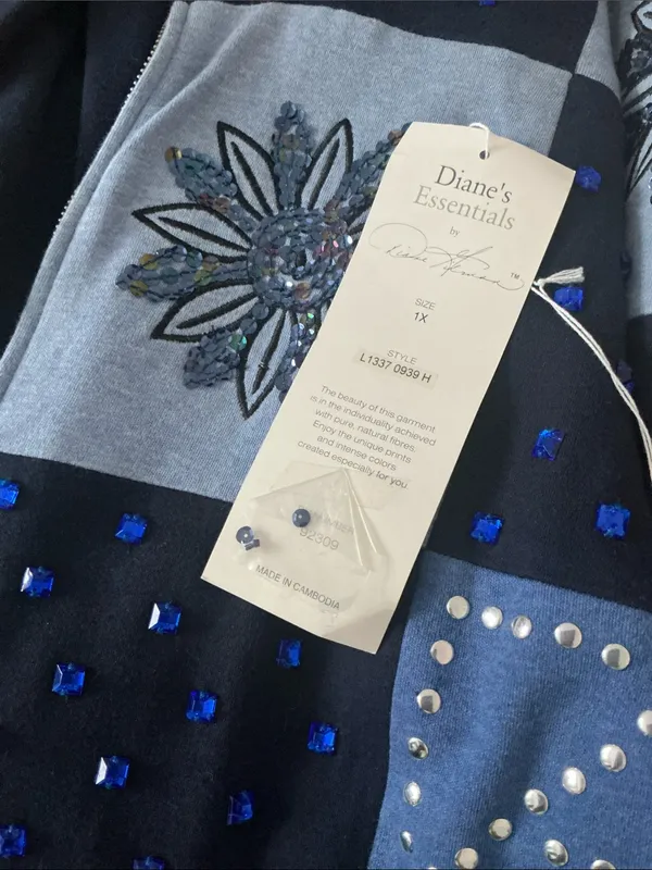Essentials Navy and Light Blue Patchwork Embellished Zip Jacket Size 1X - Image 6