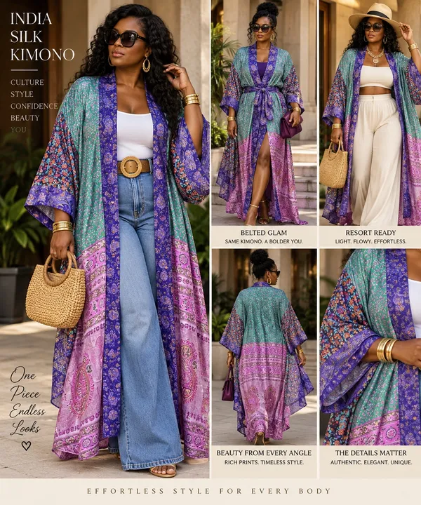 Indian silk Sari Kimono Robe Purple - Image 5