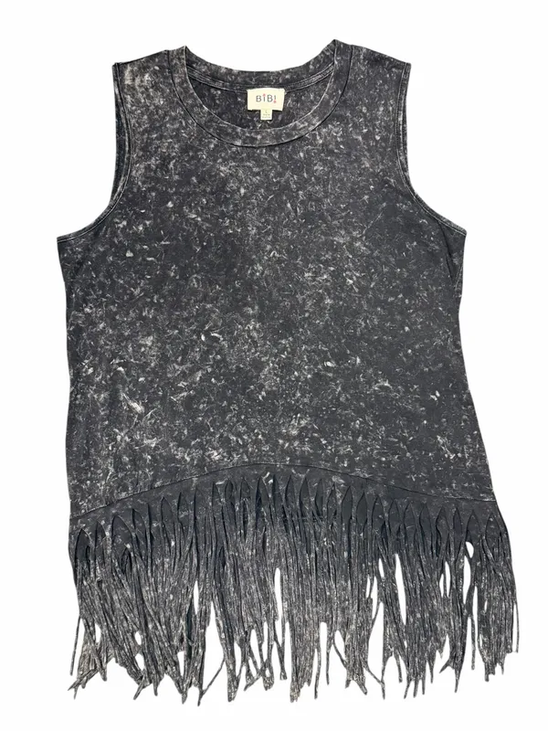 BIBI Mineral Wash Fringe Tank Grey Boho Western Festival Sleeveless Hippie L - Image 4