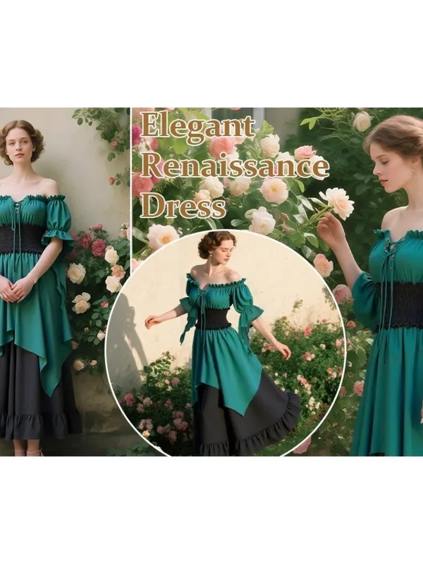 Green Renaissance Dress Medieval Costume Long Sleeve Victorian Women's MEDIUM - Image 8