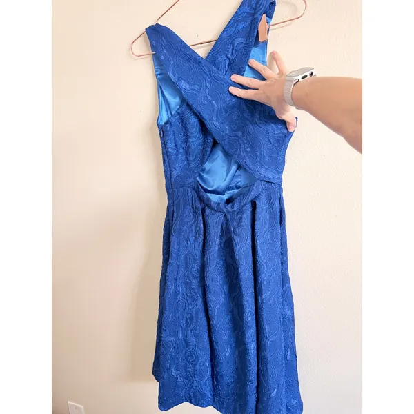 Eva Franco Cocktail Dress Womens 4 Blue Jacquard Criss Cross Back Fit &‎ Flare - Image 4