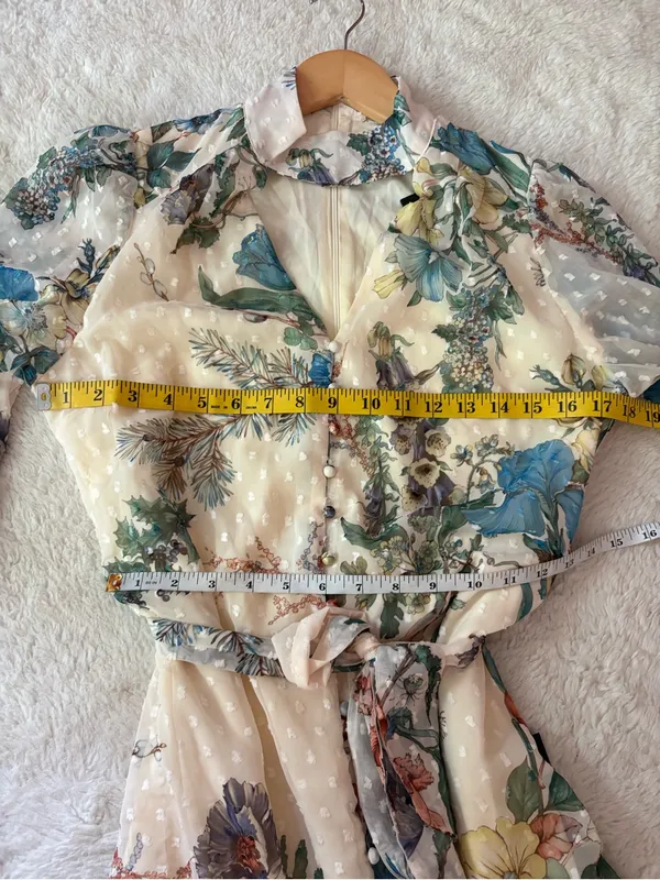 Lulus Ayame Ivory Floral Swiss Dot Balloon Sleeve Mini Dress Size Medium NWT Tie - Image 6