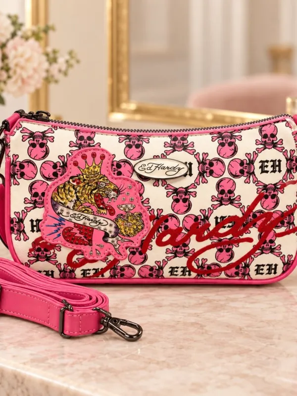 Ed Hardy Pink Skull Tiger Rhinestone Shoulder Bag Crossbody NWT - Image 3
