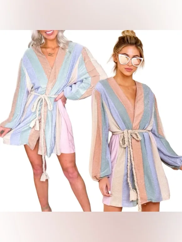 Main Strip Pastel rainbow wrap dress robe long sleeve shimmery glitter metallic QOS mini - Image 2