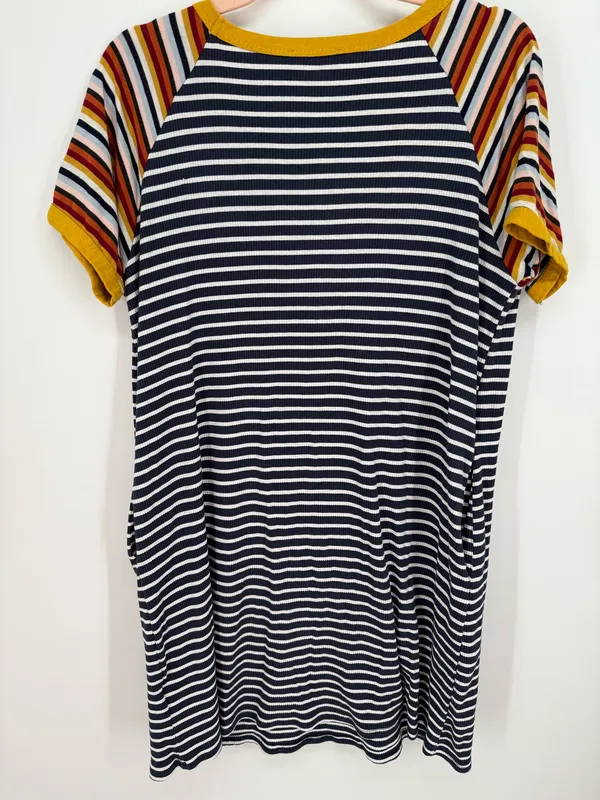 Umgee Striped T-Shirt Dress M Navy Blue White Yellow Mixed Stripe Raglan Mini - Image 7