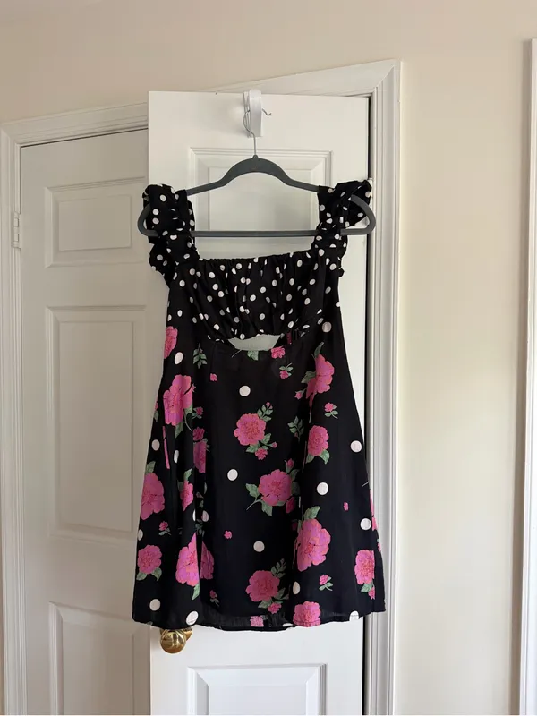 Free People Mixed Print Bom Bom Floral Cutout Mini Dress Black L - Image 10