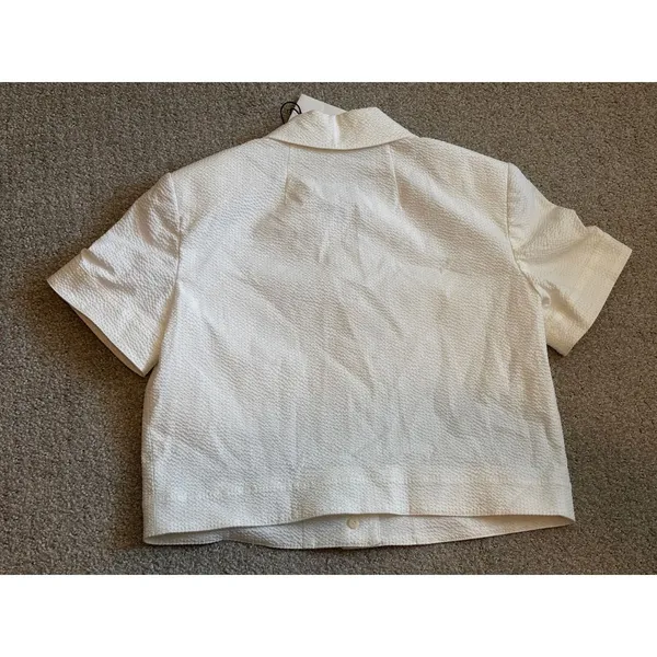 Theory Short Sleeve‎ Cropped Jacket 4 White Seersucker Button Up O0304101 - Image 4