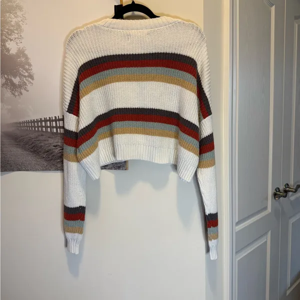 Hollister Striped Cropped Sweater - White, Red, Brown, Tan Size XS Cozy, Y2K - Image 2