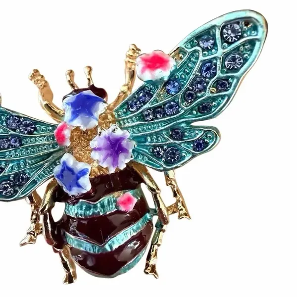 Jeweled Bee Brooch Gold Tone Enamel Rhinestone Floral Insect Pin - Image 5