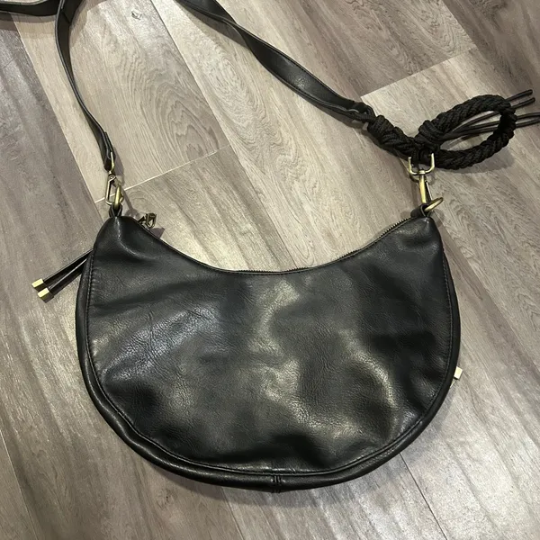 Anthropologie Black Faux Leather Hobo Bag with Metallic Hardware - Image 3