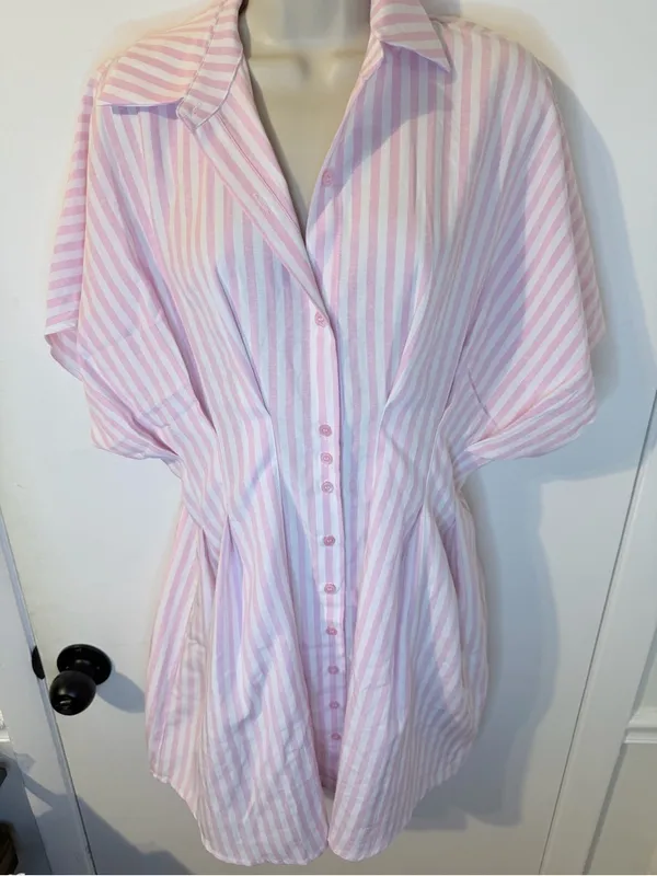 NWT COMMENSE Pink White Striped Shirt Dress L Collared Button Down - Image 6
