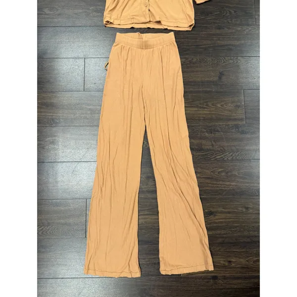 SKIMS Soft Lounge Pajama Set XXS Camel Tan Ribbed Button Up Wide Leg Pants - Image 2