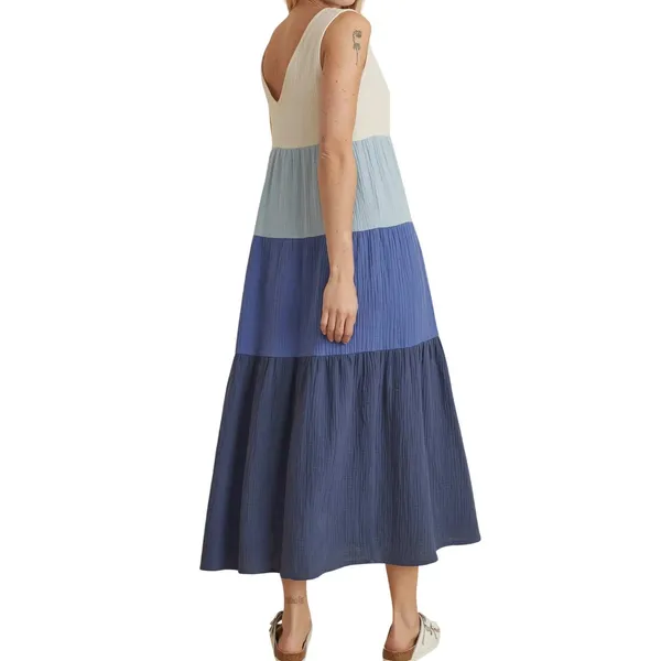 Marine Layer Corinne Colorblock Tiered Maxi Dress Womens S Blue Cotton Gauzy - Image 5