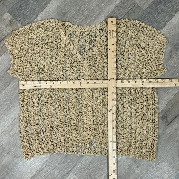 Vintage Boho Crochet Lace Sheer Topper Cardigan Button Up Tan Medium Cottagecore - Image 9