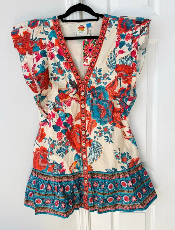 Farm Rio Ruffle-Sleeve Button Front Mini Dress, Size M - Image 7