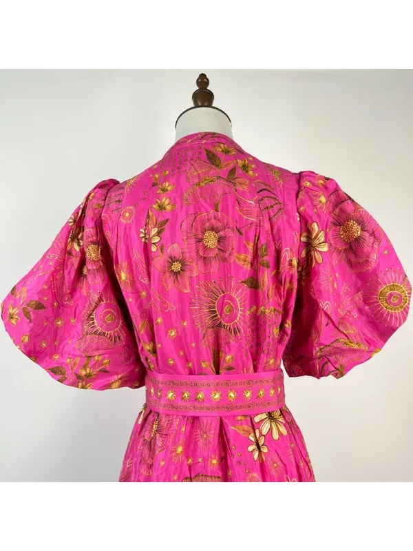 NWT Farm Rio x Anthropologie Beaded Belt Puff Sleeve Pink Mini Dress Sz SP - Image 9