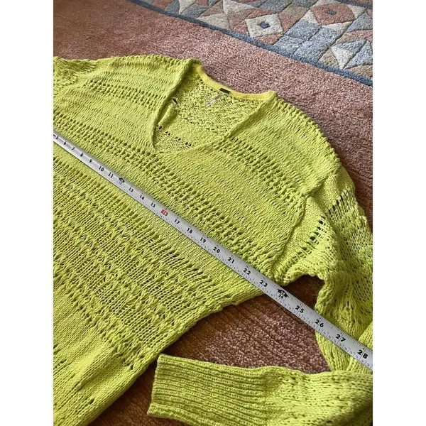 Free People Neon Green Open Knit Sweater XS Long Sleeve V Neck Cotton Blend - Image 6