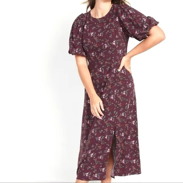 Old Navy Dress Purple Plum Floral Short Puff Sleeve Dress Midi Maxi Medium NEW - Image 2