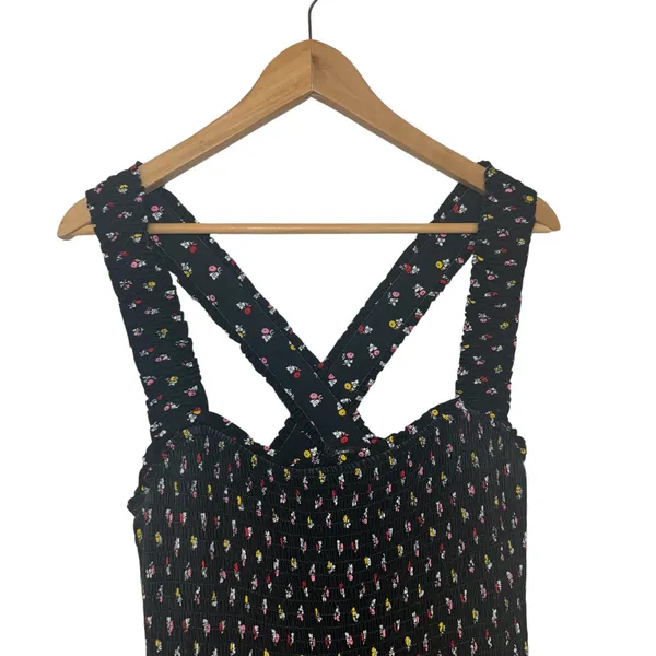 Boden Black Floral Smocked Midi Dress Square Neck Cross Back‎ Feminine 14R - Image 5