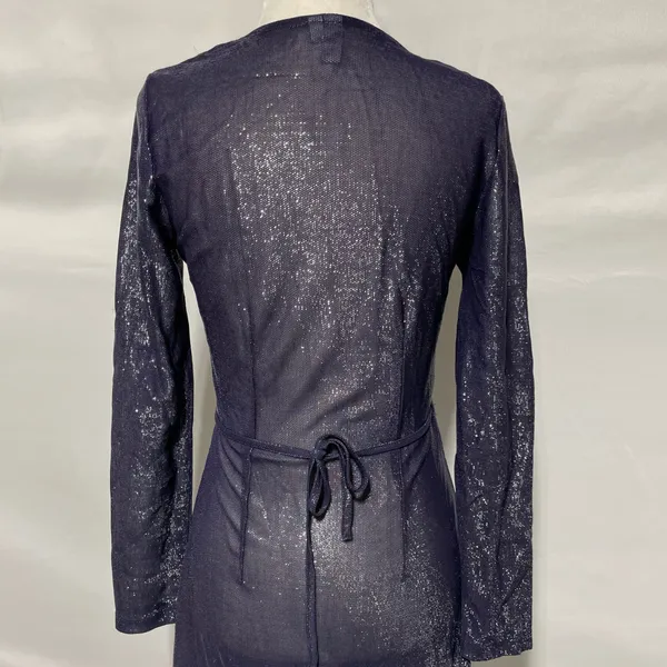 & Other Stories Sheer Metallic Long Sleeve Midi Wrap Dress Navy Blue Size 2 - Image 12