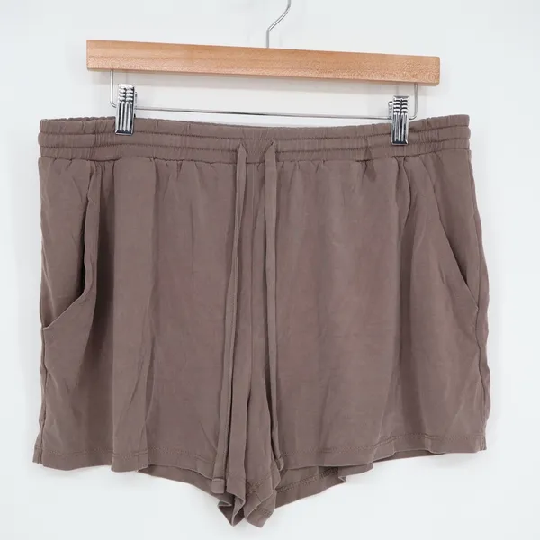Sweat Shorts Womens Large Brown Stretch Drawstring Waist Low Rise Slash Pockets - Image 2