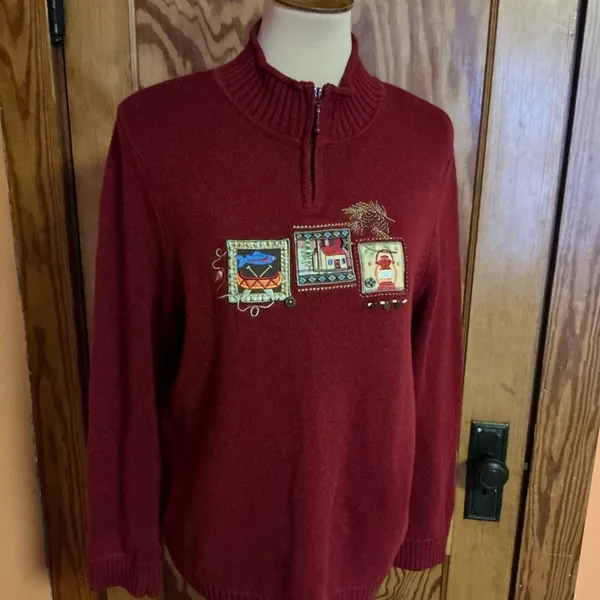 Y2K Kitschy Embroidered Sweater Cottagecore Cabin Lantern Fish Motif Zip Neck - Image 8