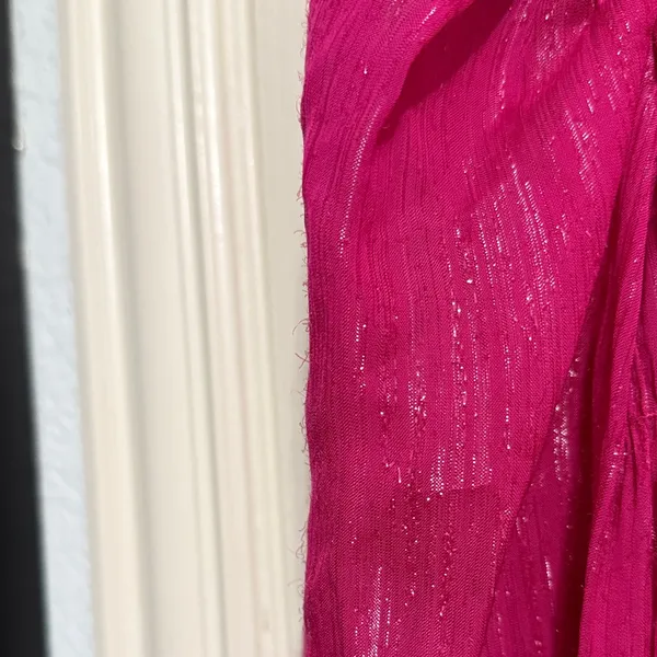 Trina Turk‎ Metallic Pink Shirred Puff Sleeve Mini Tiered Dress Preppy Dopamine - Image 4