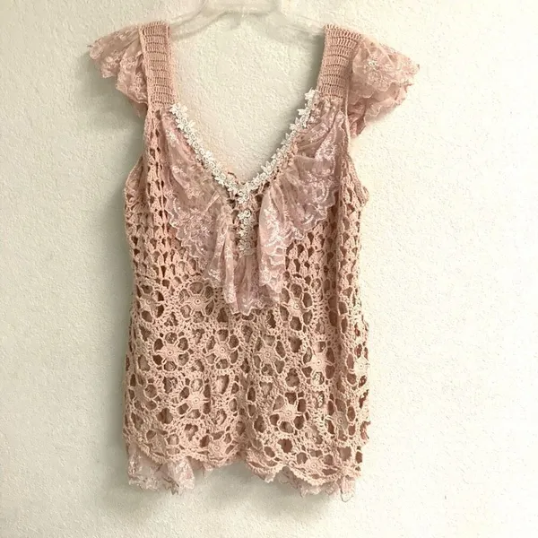 Baby pink BoHo fairycore‎ coquette crochet floral lace tank sweater women’s L￼ - Image 2