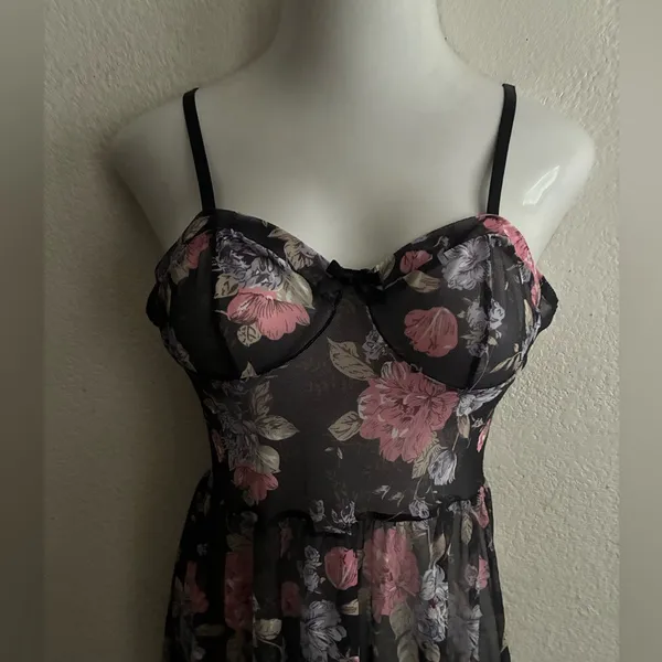 Sheer Floral Chemise Nightgown - Pink Floral on Black XL - Image 8